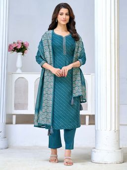 Seerat - Women Teal Printed Sequined Work Kurta with Pant and Dupatta