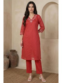 W - Red Viscose Embroidered Thread Work Kurta