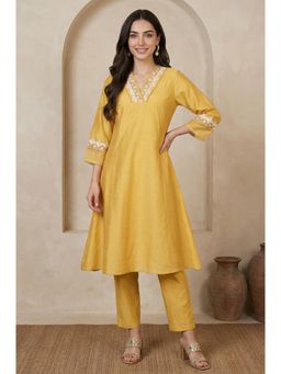 W - Yellow Viscose Floral Embroidered Kurta