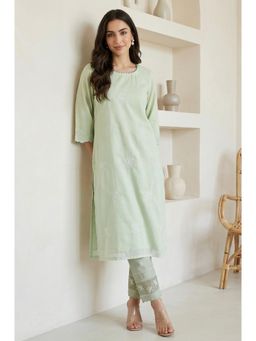 W - Green Viscose Floral Embroidered Kurta