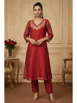 W - Maroon Viscose Embroidered Sequined Work Kurta