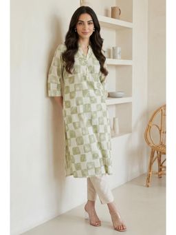 W - Green Pure Cotton Floral Printed Kurta