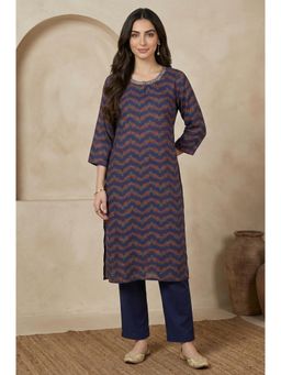 W - Navy Blue Viscose Floral Printed Kurta