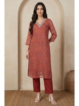 W - Red Chiffon Paisley Printed Kurta