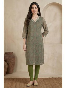 W - Green Chiffon Floral Printed Kurta