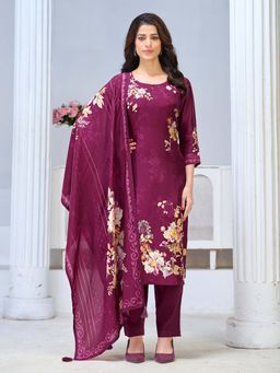 Seerat - Women Wine Floral Printed Kurta with Pant and Dupatta