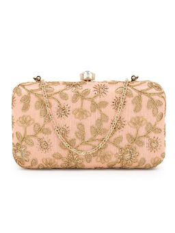 Anekaant - Hue Peach & Gold Faux Silk Floral Embroidered Box Clutch