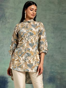 Libas - Beige Printed Silk Blend A-Line Kurti