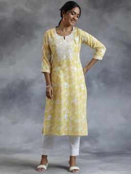 Libas - Yellow Stripes Thread Work Floral Printed All Over Embroidered Kurta