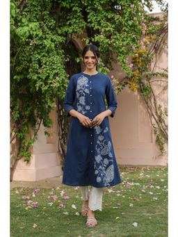 SAVI - Navy Blue Cotton Printed A Line Kurta