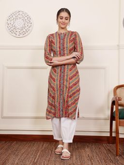 SAVI - Red Cotton Mandarin Collar Straight Kurta