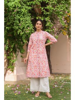 SAVI - Pink Cotton Printed A Line Kurta