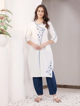 SAVI - White Cotton Embroidered Round Neck Kurta