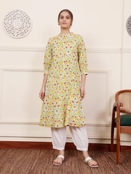 SAVI - Yellow Cotton Printed A Line Kurta