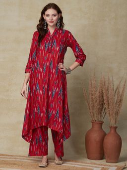 FASHOR - Red Ikat Printed High-Low Kurta with Palazzo (Set of 2)