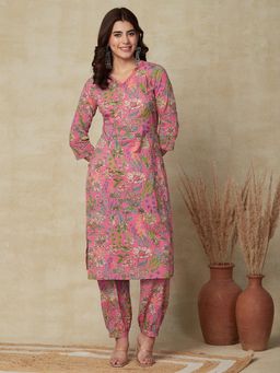 FASHOR - Pink Floral Printed Kurta with Salwar (Set of 2)