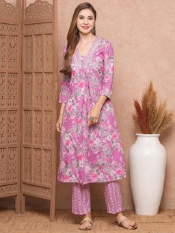 FASHOR - Purple Floral Printed Embroidered Pleated Kurta with Pant (Set of 2)