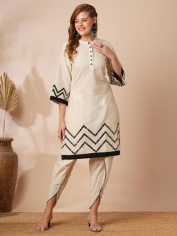 FASHOR - Off White Solid Mirror Work Kurta with Dhoti Pant (Set of 2)