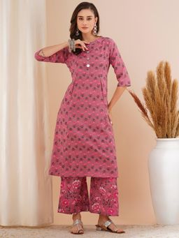 FASHOR - Mauve Ethnic Floral Printed A-Line Kurta with Pant (Set of 2)