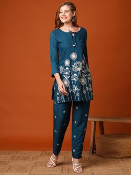 FASHOR - Blue Floral Embroidered Kurti with Pant (Set of 2)