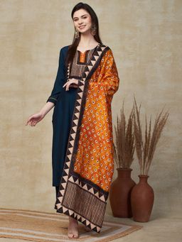 FASHOR - Teal Blue Ethnic Printed Kurta with Pant & Dupatta (Set of 3)