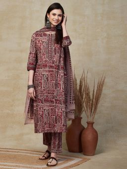 FASHOR - Maroon Ethnic Printed Kurta with Pant & Dupatta (Set of 3)