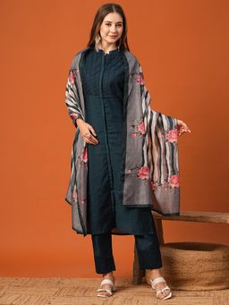 FASHOR - Dark Green Solid Embroidered Kurta with Pant & Dupatta (Set of 3)