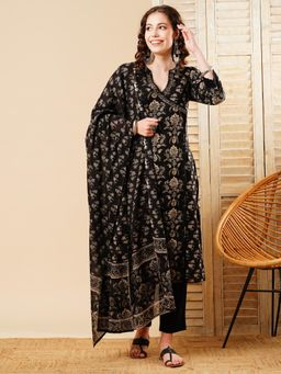 FASHOR - Black Floral Printed Embroidered Kurta with Pant & Dupatta (Set of 3)