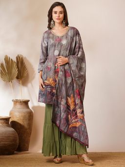 FASHOR - Multi-Color Floral Embroidered Straight Kurta with Sharara & Dupatta (Set of 3)