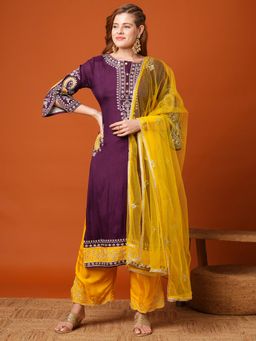 FASHOR - Purple Ethnic Zari Embroidered Kurta with Pant & Dupatta (Set of 3)