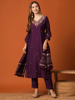 FASHOR - Purple Embroidered Zardozi Kurta with Pant & Dupatta (Set of 3)