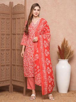 FASHOR - Red Floral Printed Kurta with Pant & Dupatta (Set of 3)