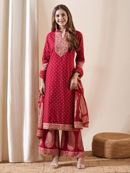 FASHOR - Red Ethnic Printed Kurta with Pant & Dupatta (Set of 3)