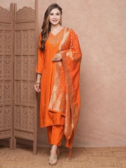FASHOR - Orange Hand Embroidered Kurta with Pant & Dupatta (Set of 3)