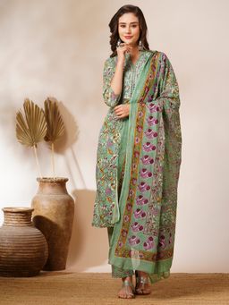 FASHOR - Pastel Green Floral Printed Kurta with Pant & Dupatta (Set of 3)