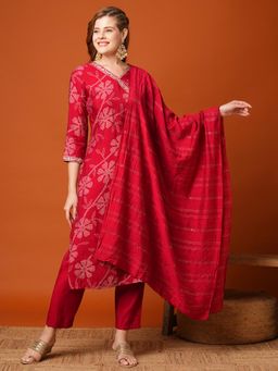 FASHOR - Red Floral Bandhani Embroidered Kurta with Pant & Dupatta (Set of 3)