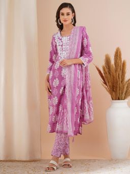 FASHOR - Purple Embroidered Chikankari Kurta with Pant & Dupatta (Set of 3)