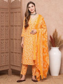 FASHOR - Yellow Floral Printed Kurta with Pant & Dupatta (Set of 3)