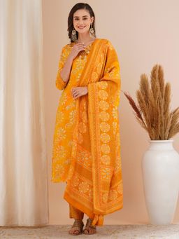 FASHOR - Yellow Printed Mirror Embroidered Straight Kurta with Pant & Dupatta (Set of 3)