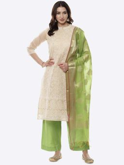 Biba - Beige Cotton Silkchanderi Unstitched Suit Set (Set of 3)