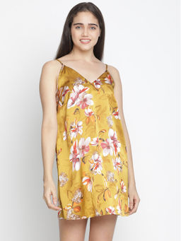Oxolloxo - Aromatic Satin Print Esay Women Nightwear Dress - Yellow