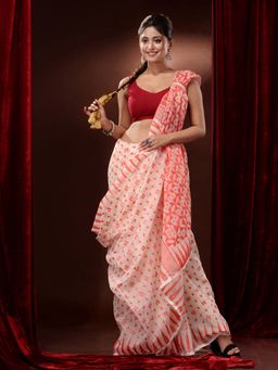 CHARUKRITI - Off White and Orange Silk Cotton Handwoven Jamdani Saree with Woven Designs and Motifs
