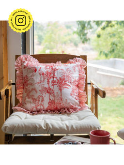 House of Ekam - Red Tropical Dreams Ruffle Cushion Cover