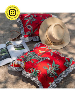 House of Ekam - Red Tropical Dreams Ruffle Cushion Cover