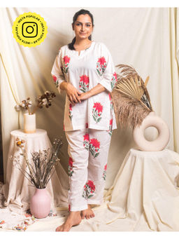 House of Ekam - White and Pink Floral Blockprinted Top & Pyjama (Set of 2)