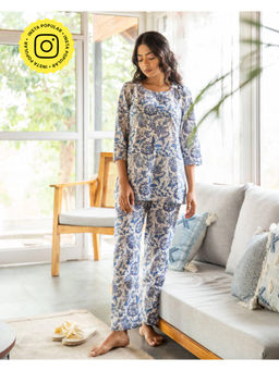 House of Ekam - Blue and White Floral Top & Pyjama (Set of 2)