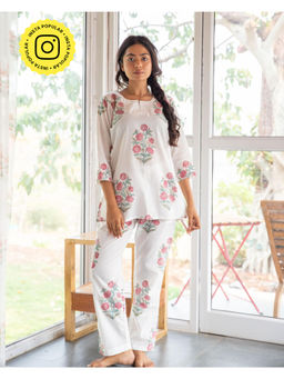 House of Ekam - White Begonia Top & Pyjama (Set of 2)