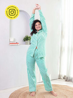 House of Ekam - Green Stripe Cotton Loungewear Shirt With Pyjama (Set of 2)