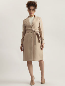 ELLE - Women Beige Solid Notched Collar Full Sleeves Overcoat with Belt (Set of 2)