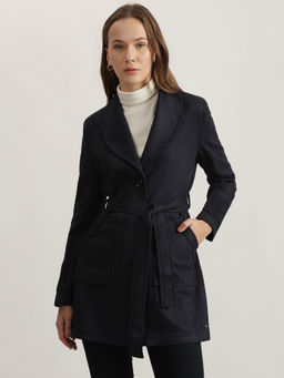 ELLE - Women Navy Blue Solid Shawl Collar Full Sleeves Coat with Belt (Set of 2)